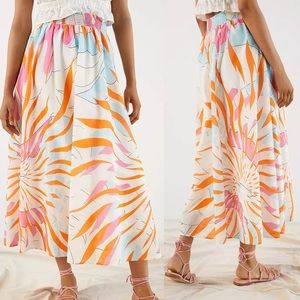 ANTHROPOLOGIE Skirt Sz Large Maxi Floral Orange Pink Artsy Lined Smocked Stretch